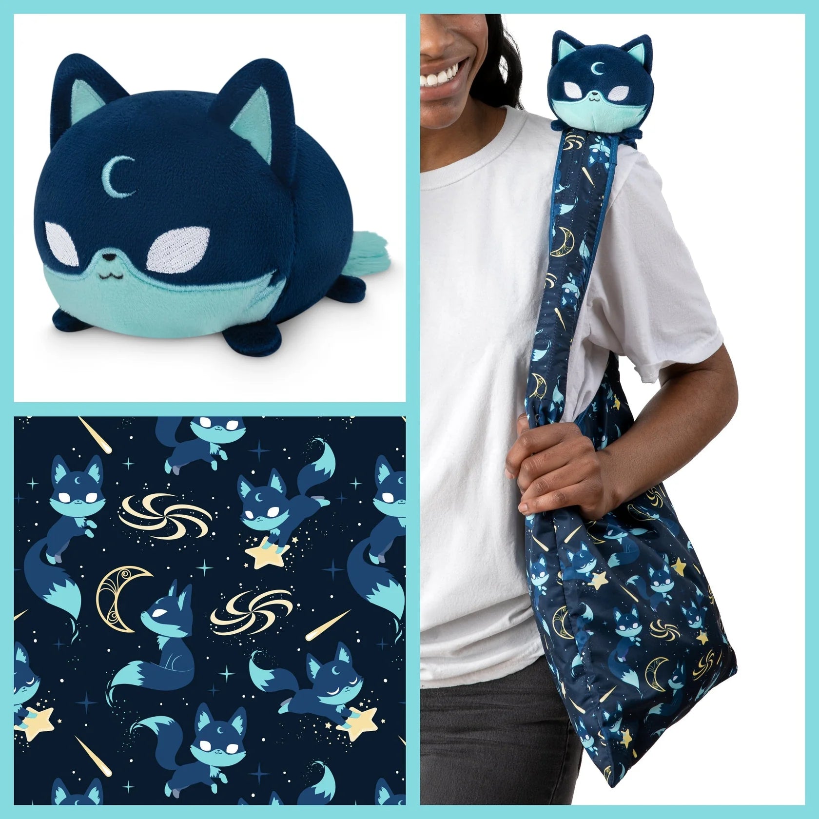 Plushie Tote Bag: Dark Blue Moon Foxes Tote Bag and Dark Blue Moon Fox Plushie